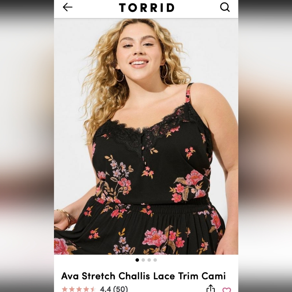 NWT black floral Torrid Ava stretch callis lace trim cami